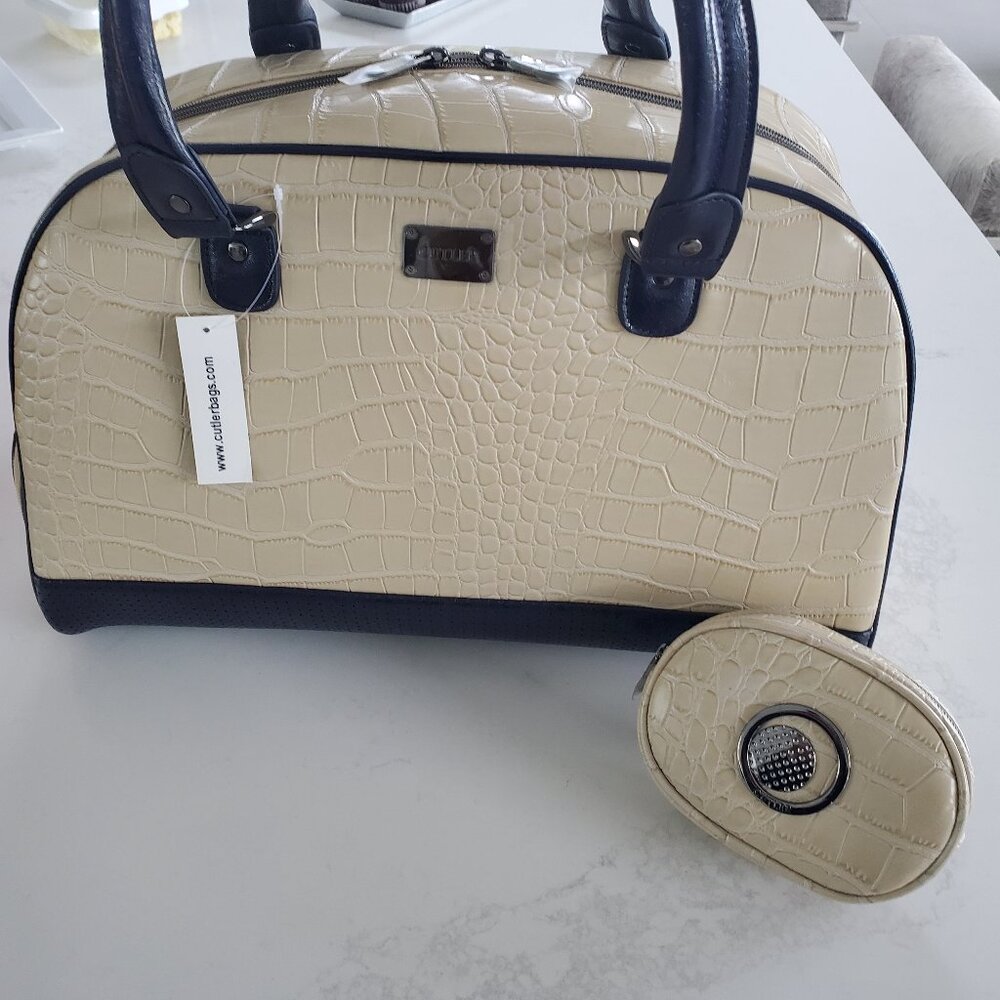 Cutler Cream & Navy Croc Embossed Travel  Bowling Bag Duffle Style Satchel Bag - Picture 11 of 15